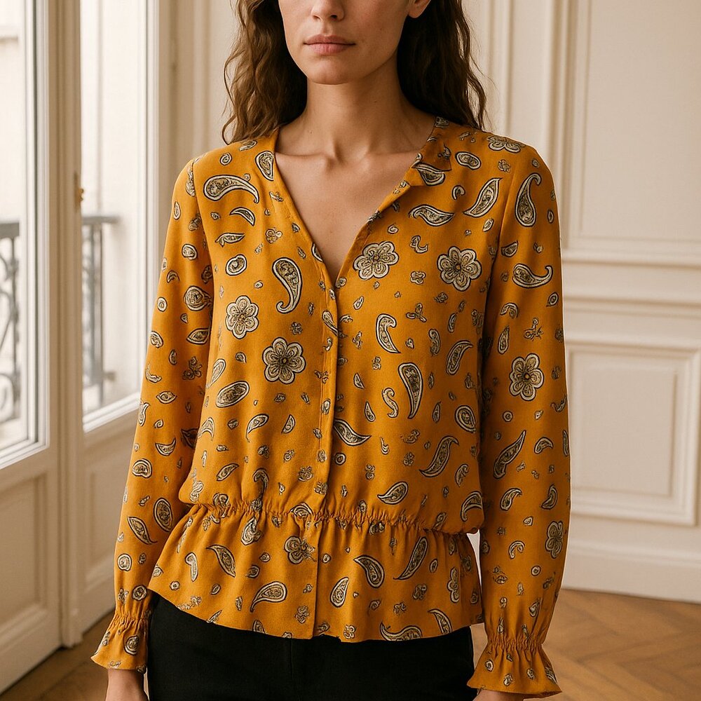 LOFT Orange Paisley Peplum Ruffle Boho top